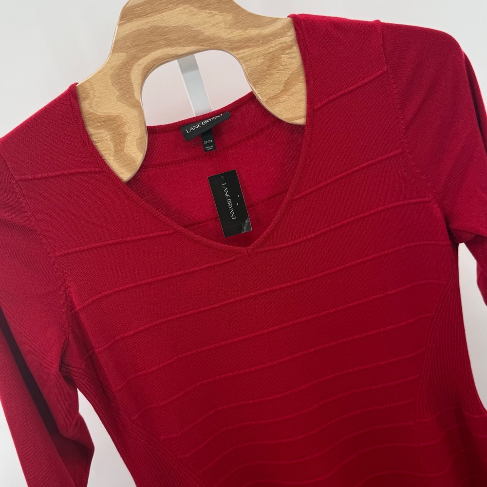 Lane‎ Bryant Sweater Dress Ribbed Knit V Neck Red Plus Size 22/24 Career Holiday